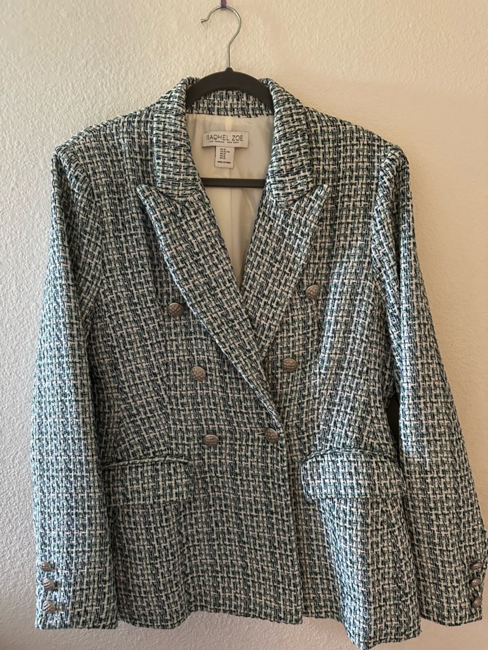 Rachel Zoe Teal and White Tweed Double-Breasted Blazer